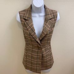 Houndstooth Brown Pink Vest, Collar, Front Pocket. Bust 17” W 15.5” L 25.5” Brown V-neck Vest For Work, Retro Fitted Brown Sweater Vest, Fitted Brown Vintage Sweater Vest, Tailored Single-breasted Brown Vest, Vintage Brown Vest With Button Closure, Mod 60s, Pink Vest, Work Attire, Front Pocket