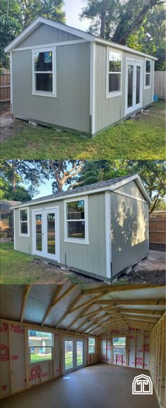 two pictures showing the inside and outside of a house with windows, doors, and sidings