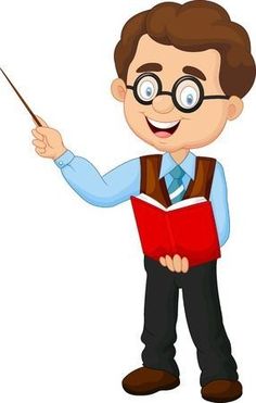 cartoon boy with glasses holding a red book and pointing to the side while wearing glasses