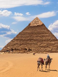 two people riding camels in front of the great pyramid