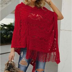 Red Lace Openwork Fringed Poncho Material: 100% Polyester Fit: True To Size Color: Red Red One Size Cape Poncho, Red One-size Poncho Cape, Red One-size Cape Poncho, Red Shawl Cape For Fall, Fall Red Shawl Cape, Red Poncho For Beach In Fall, Red Fringed Shawl For Fall, Red Fringe Shawl For Fall, Red One Size Poncho For The Beach