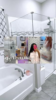 a woman is standing in front of a bathtub with the words my beauty routine on it