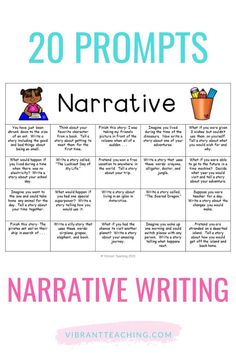 an interactive writing activity for kids with the text, 20 prompts narrative writing