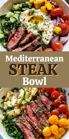 mediterraneanan steak bowl with tomatoes, cucumbers, onions, and other vegetables