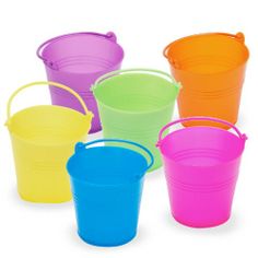 six plastic buckets with handles in different colors