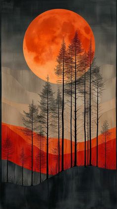 an orange and black painting with trees in the foreground, moon in the background