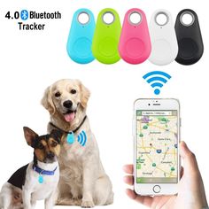 an advertisement for bluetooth gps trackers with a dog next to it and the text uk stock