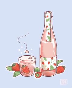 a bottle of liquid next to a glass with strawberries on it