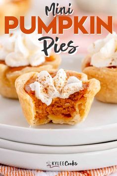 mini pumpkin pies on a white plate with whipped cream in the middle and text overlay