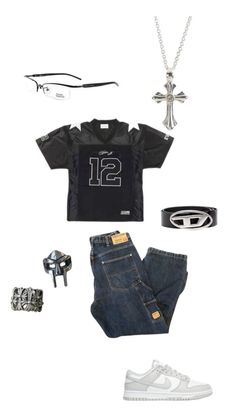 a group of items that include jeans, sneakers and a t - shirt with the number 12 on it