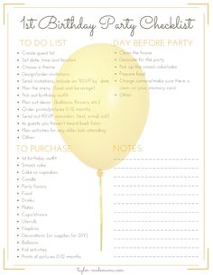 a birthday party checklist is shown with a balloon attached to the top of it