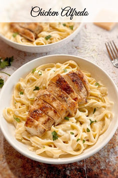 Homemade chicken alfredo in a white bowl. Chicken With Angel Hair Pasta, Simple Chicken Alfredo Recipe, Homemade Chicken Alfredo, Chicken And Pasta, Chicken Fettuccine Alfredo, Chicken Fettuccine, Chicken Tetrazzini, Chicken Alfredo Recipes, Chicken Alfredo Pasta