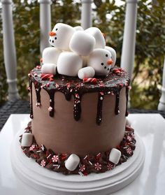 a chocolate cake decorated with marshmallows and candy canes