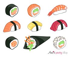 an assortment of sushi on a white background