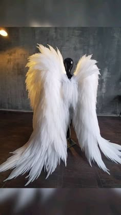 a white feathered bird sitting on top of a wooden table next to a wall