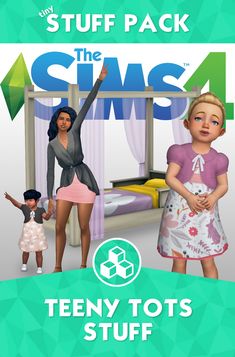 the sims 4 teeny tots stuff is in front of a bed with two girls