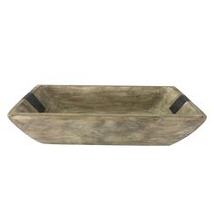 a wooden bowl with black handles on a white background