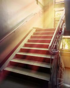 a staircase with red steps leading up to the second floor and sunlight coming through the window