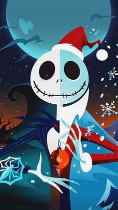 the skeleton is wearing a santa hat and holding an orange ornament in his hand