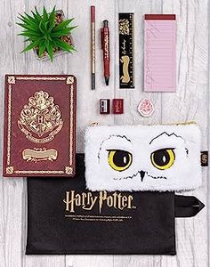 a harry potter book, pencils, and other items are laid out on a table