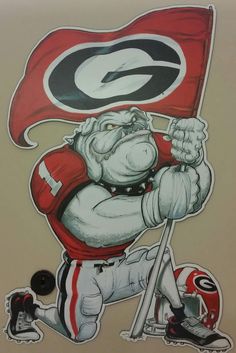 a painting of a bulldog holding a football and a flag with the letter g on it