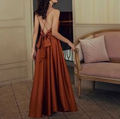 Backless Satin Dress, Backless Slip Dress, Silk Party Dress, Burnt Orange Dress, Satin Dress Long, Summer Elegant, Cottagecore Dress, Backless Maxi Dresses, Sling Dress