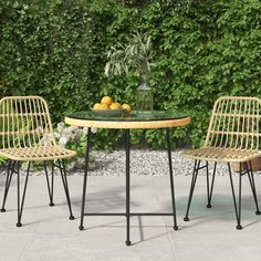 two wicker chairs sitting at a table with lemons on it and greenery in the background