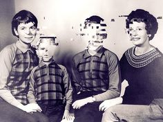 an old photo of three people with their faces taped to the wall and one man has his head cut out