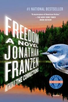 a book cover with a blue bird flying over the water and trees in the background