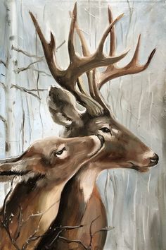 an oil painting of two deers in the woods, one is rubbing its head against the other's neck