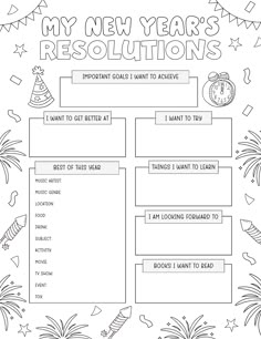 Free printable New Year’s resolution worksheet and coloring page for kids featuring sections for goals, favorite memories, and self-improvement, with festive New Year’s illustrations like fireworks, party hats, and a clock. School Holidays Activities, New Year Resolution Worksheet, Christmas Worksheets 5th Grade, New Years Therapy Activities, New Year Printables For Kids, New Years Eve Preschool Activities, Christmas Counseling Activities, New Years Goals Template, New Years Classroom Activities