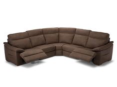 a brown sectional sofa with recliners on it's sides and one arm facing the other