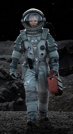 an astronaut walking on the moon with his hand in his pocket and holding a red bag