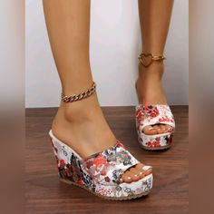 New Orange Black Beige Floral Open Toe Slip-On High Heels Wedges With Rubber Soles Heel Height Approx 3in New With Tags Nwt Never Worn Wiso.Shf.6 Summer High Heels, Womens Mules, Platform Wedge Sandals, Womens Wedges, Beach Shoes, Designer Heels, Platform Wedges, Pump Shoes, Cute Shoes