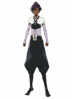 an anime character with purple hair and black pants, standing in front of a white background