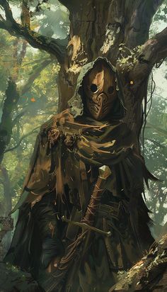 a painting of a man with a hood on standing next to a tree in the woods