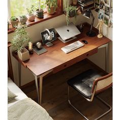 a desk with a laptop and some plants on it