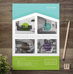 the interior design solution flyer is displayed on a table