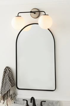 a bathroom vanity with a mirror and two lights