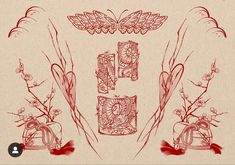 the letter e is surrounded by decorative flowers and leaves in red ink on beige paper