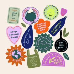 various stickers that say earth day and have different things on them, including sunflowers