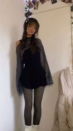 Dress And Cropped Sweater Outfit, Leg Strap Outfit, Cute Slip Dress Outfits, Slight Goth Outfits, Ddd Cup Outfits, Black Open Knit Sweater Outfit, Dark Barbie Aesthetic Outfit, Cute Fall Outfits Alt, Black Top And Black Skirt Outfit