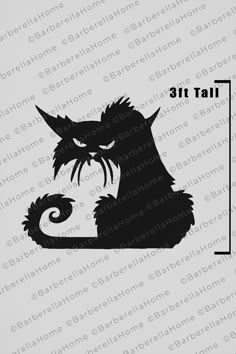 the silhouette of a black cat with its tail curled up and eyes wide open, in front of a white background