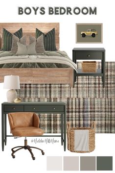 a bedroom with plaid bedding and furniture in shades of gray, green, brown and white