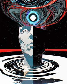 an image of a woman's head with water swirling around her and space in the background