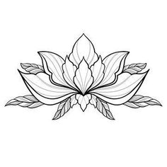 a lotus flower with leaves on the side, drawn in black and white line art