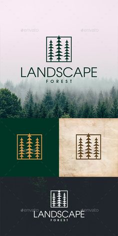 the landscape forest logo is shown in three different colors and sizes, with trees on each side