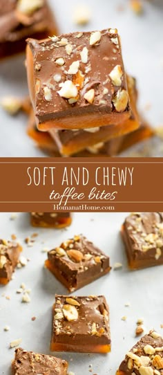 several pieces of chocolate fudge with nuts on top and the words soft and chewy above it