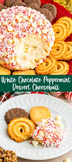 white chocolate peppermint dessert cheeseball with pretzels and candy canes