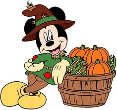 a cartoon mickey mouse with pumpkins in a basket